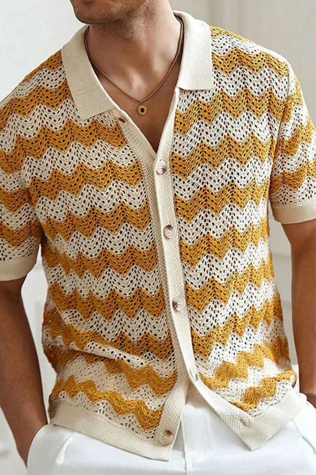 Jimmy | Men Short Sleeve Button Front Zigzag Crochet Knit Polo Shirt - Image 9