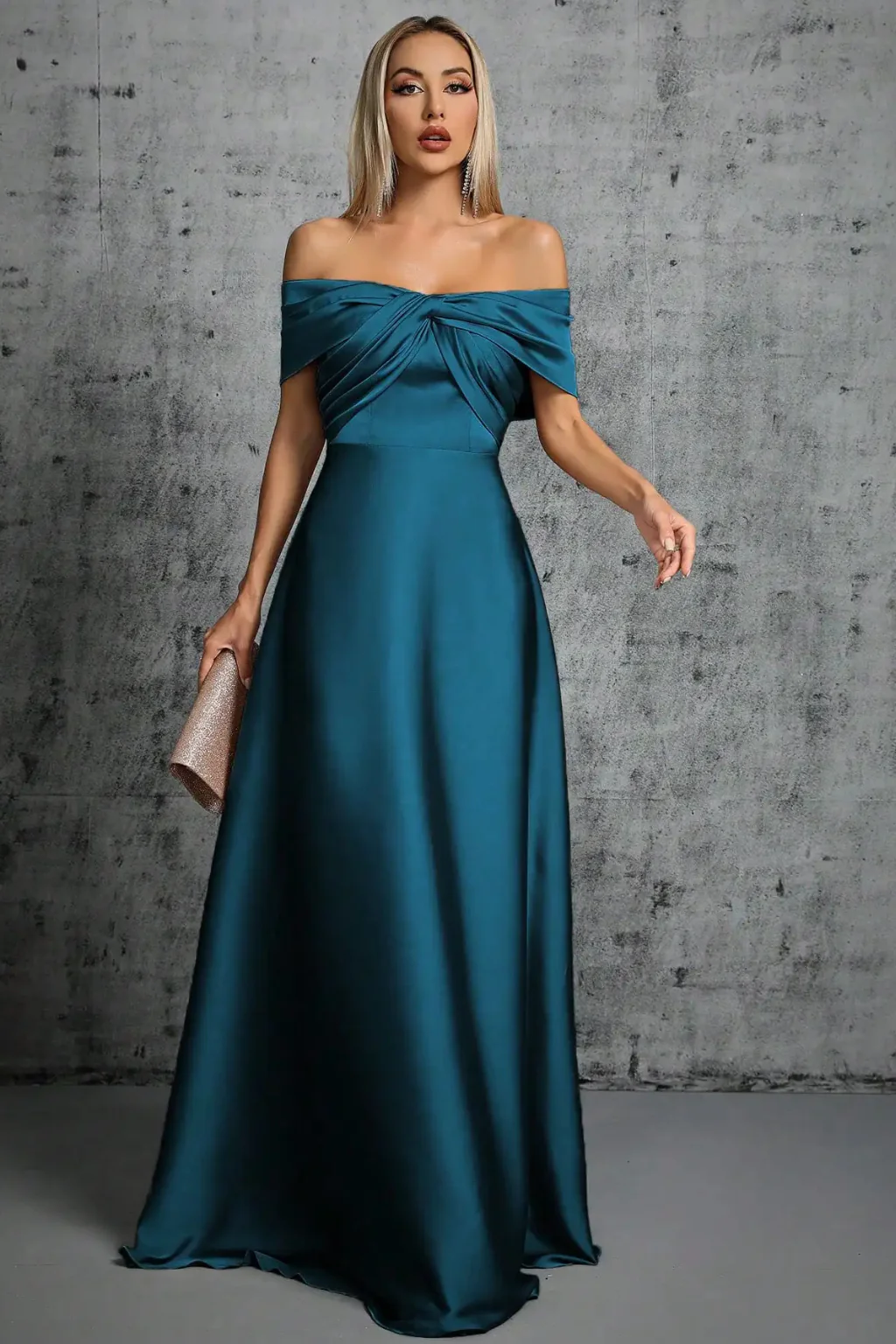 Lauren | Women Off Shoulder Twisted Knot Pleated Satin Wedding Guest Maxi Dress - Image 14