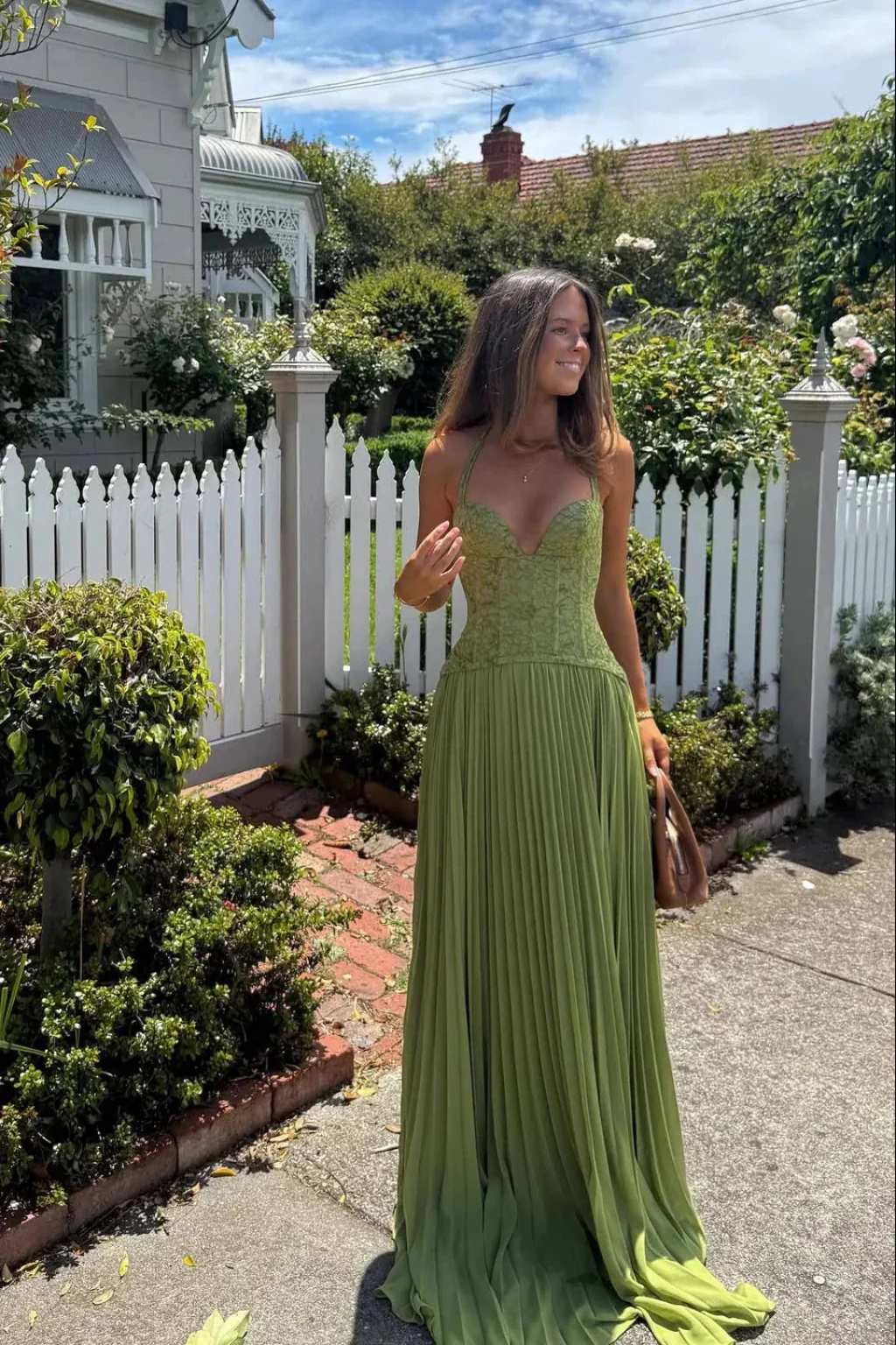 Lavinia | Women Halter Lace Corset Pleated Green Wedding Guest Maxi Dress - Image 3