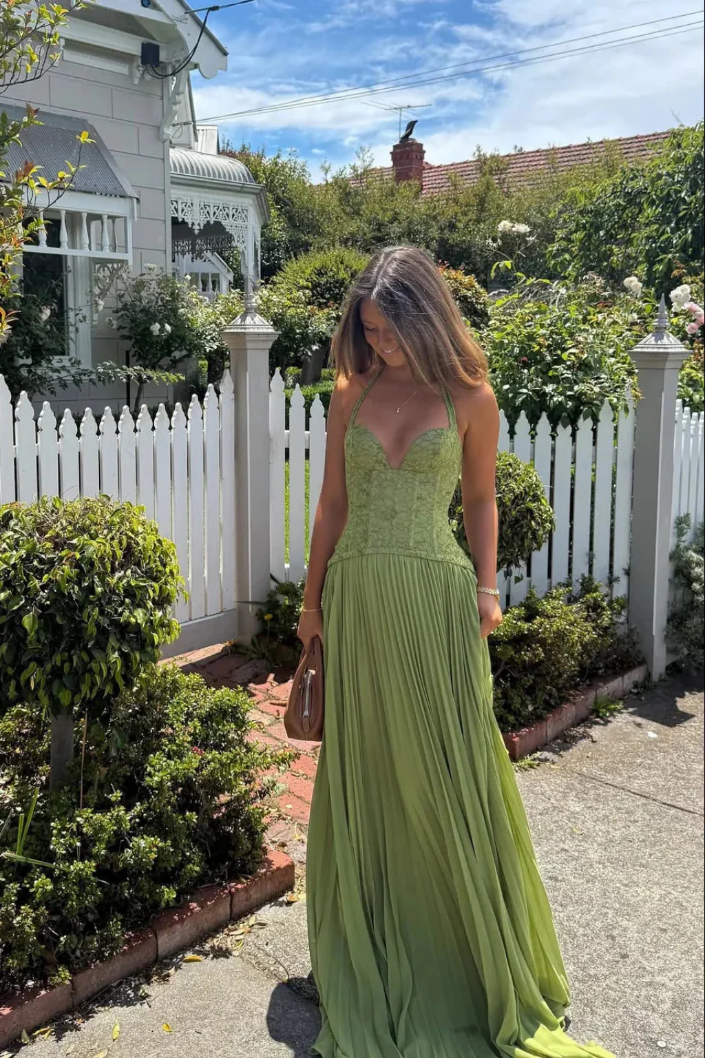 Lavinia | Women Halter Lace Corset Pleated Green Wedding Guest Maxi Dress - Image 4
