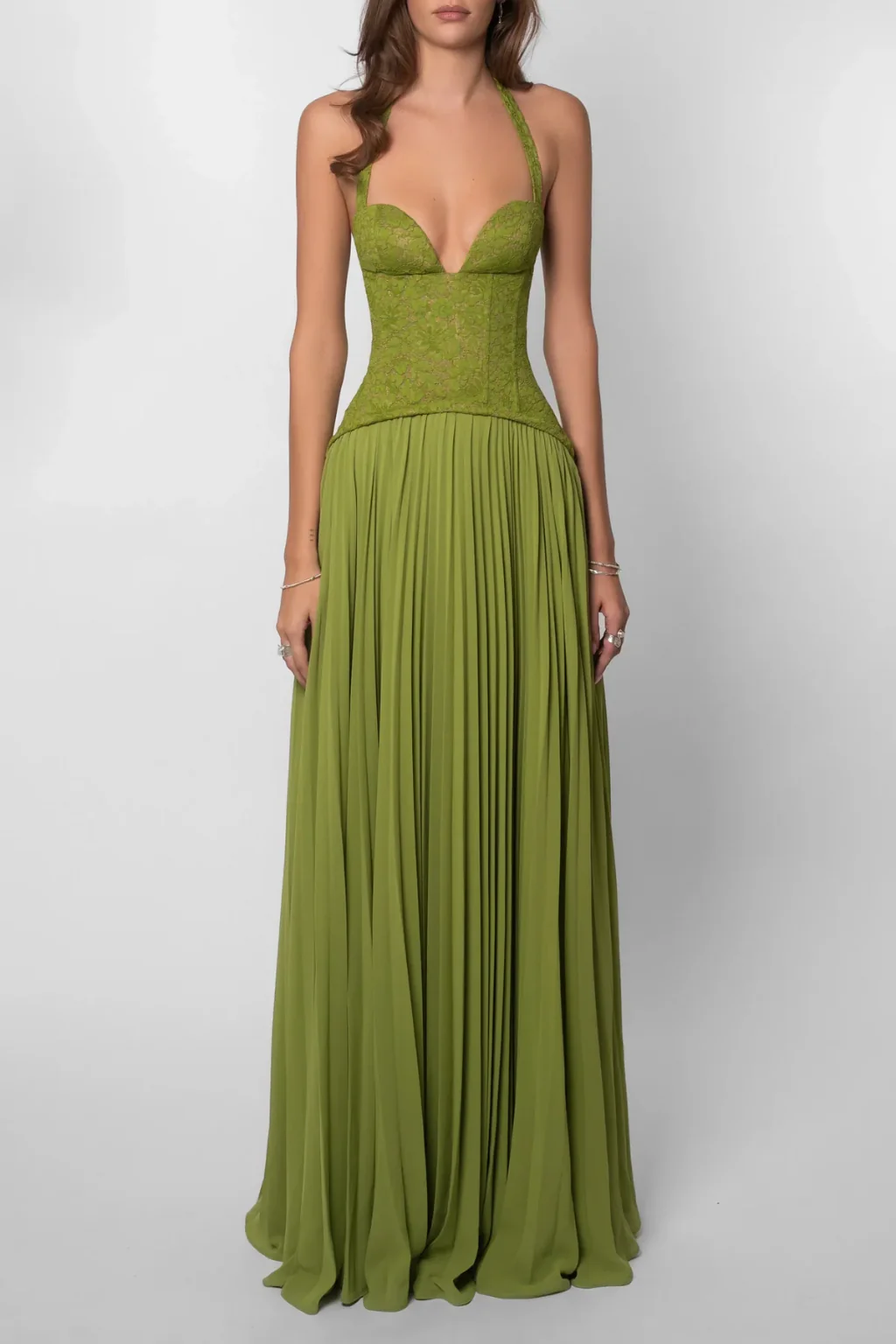 Lavinia | Women Halter Lace Corset Pleated Green Wedding Guest Maxi Dress - Image 5