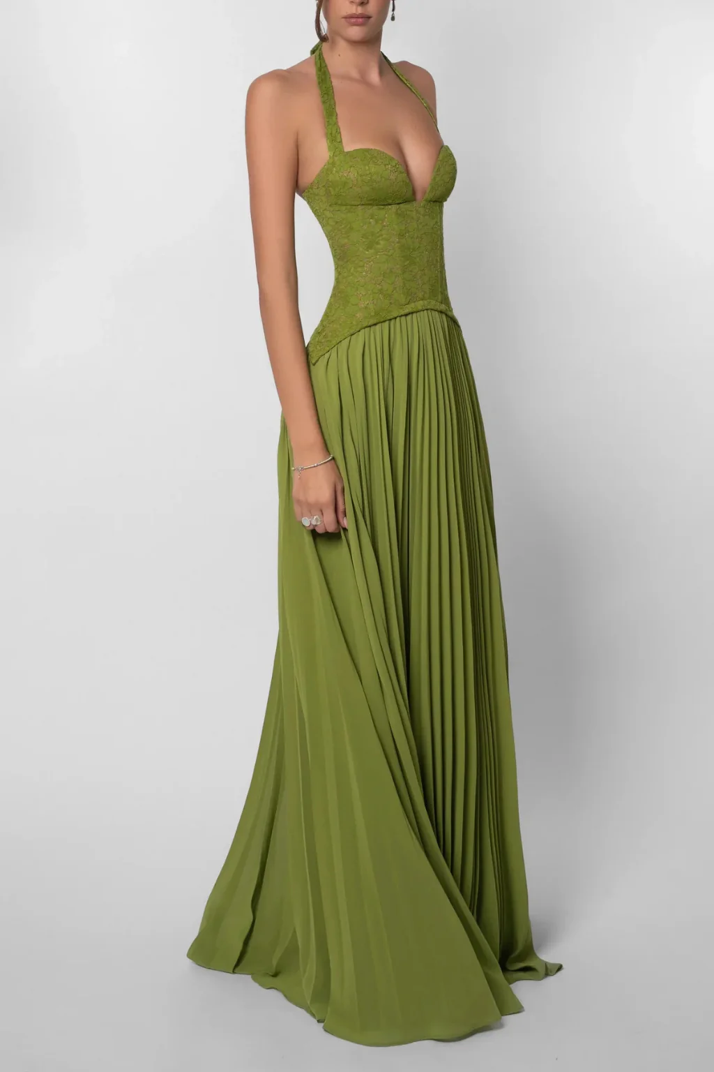 Lavinia | Women Halter Lace Corset Pleated Green Wedding Guest Maxi Dress - Image 6