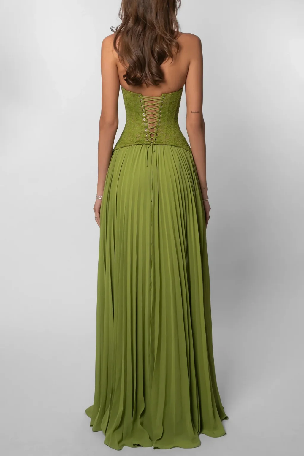 Lavinia | Women Halter Lace Corset Pleated Green Wedding Guest Maxi Dress - Image 7