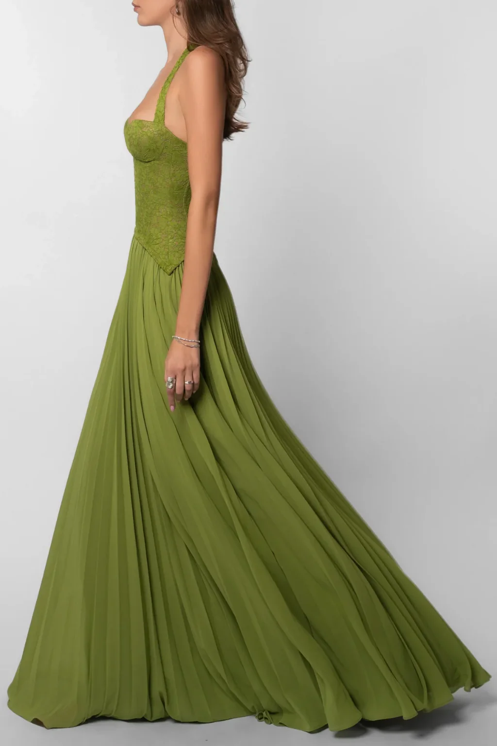 Lavinia | Women Halter Lace Corset Pleated Green Wedding Guest Maxi Dress - Image 8