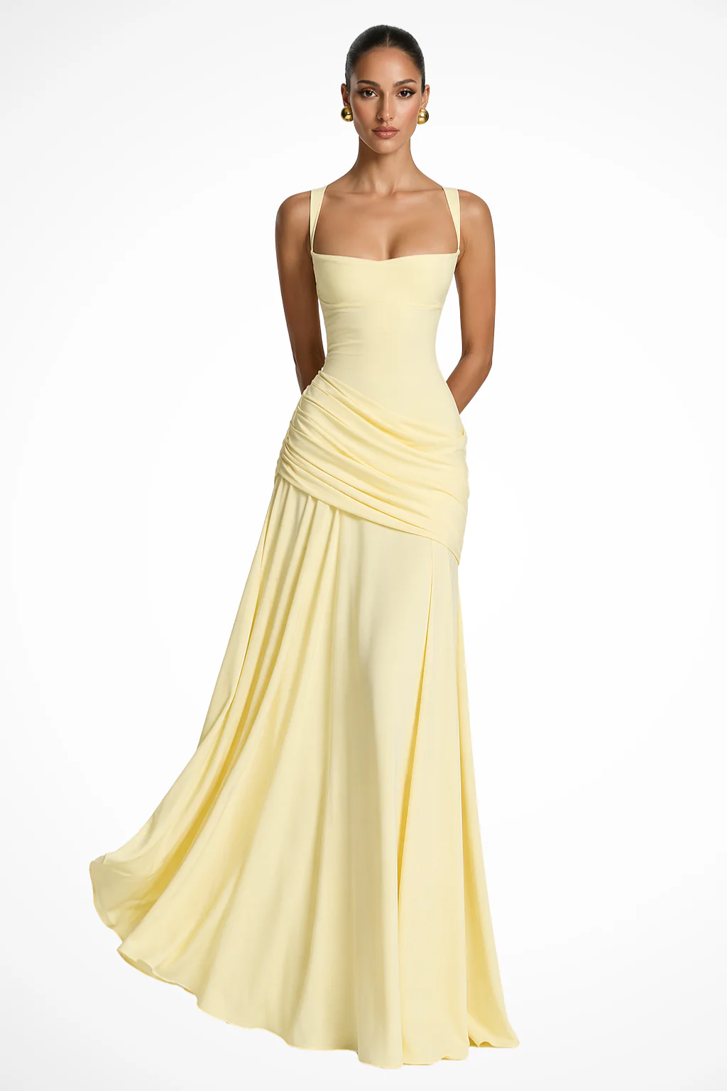 Lavinia | Women Square Neck Ruched Wedding Guest Maxi Dress with Side Slit - Image 2