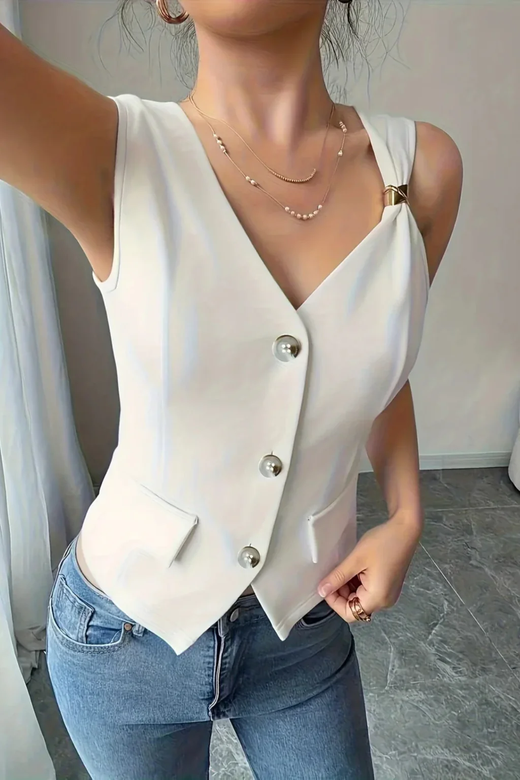 Leonora | Women V Neck Metal Buckle Button Front Fitted Summer Waistcoat - Image 5