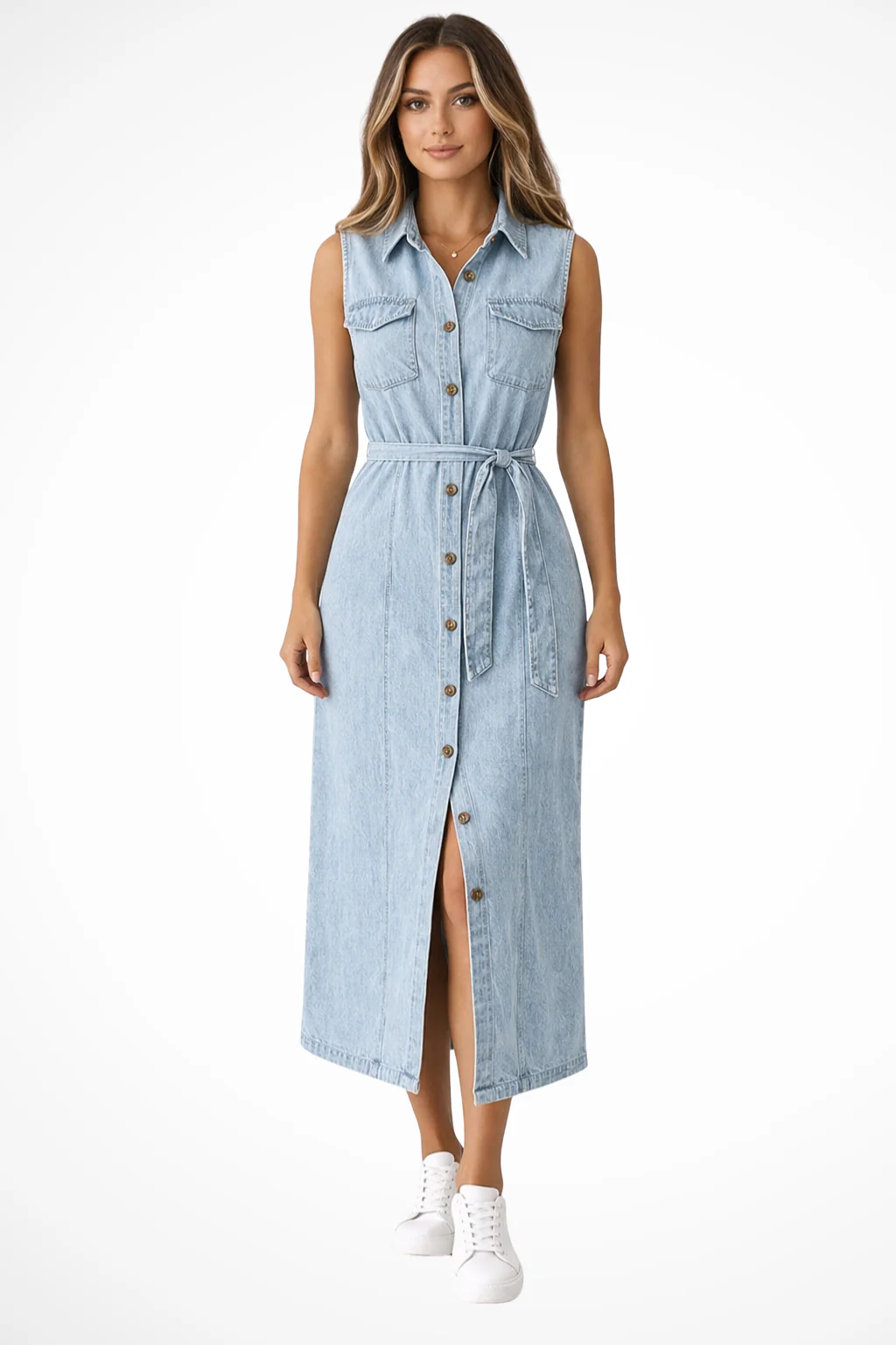 Lottie | Women Sleeveless Belted Button Down Denim Maxi Dress with Split