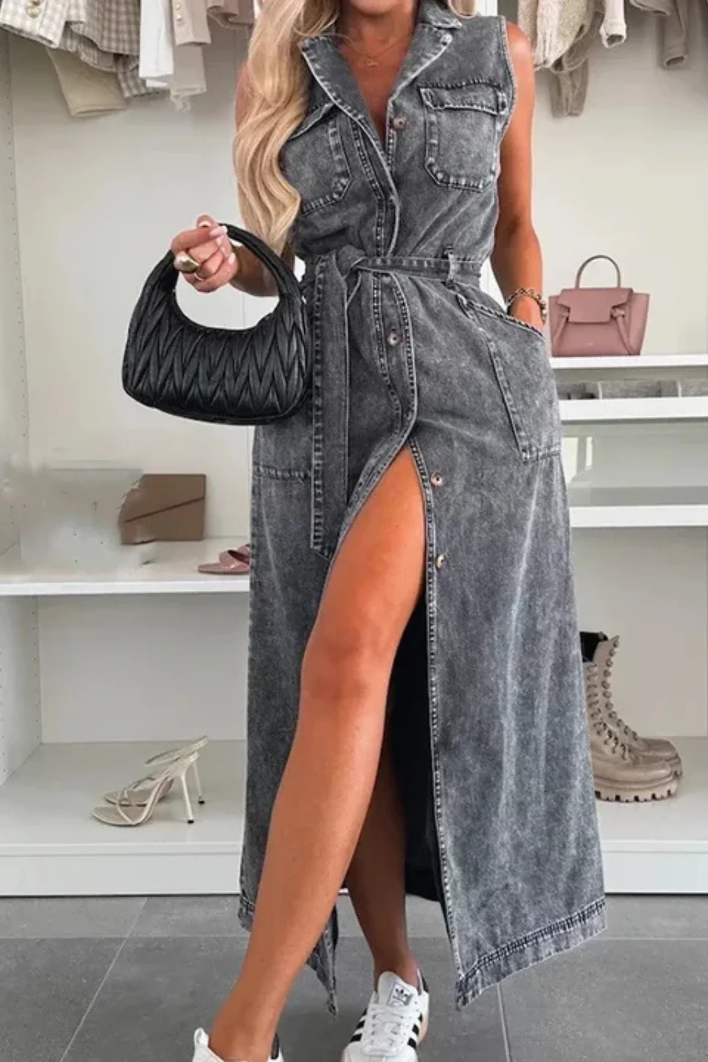 Lottie | Women Sleeveless Belted Button Down Denim Maxi Dress with Split - Image 10
