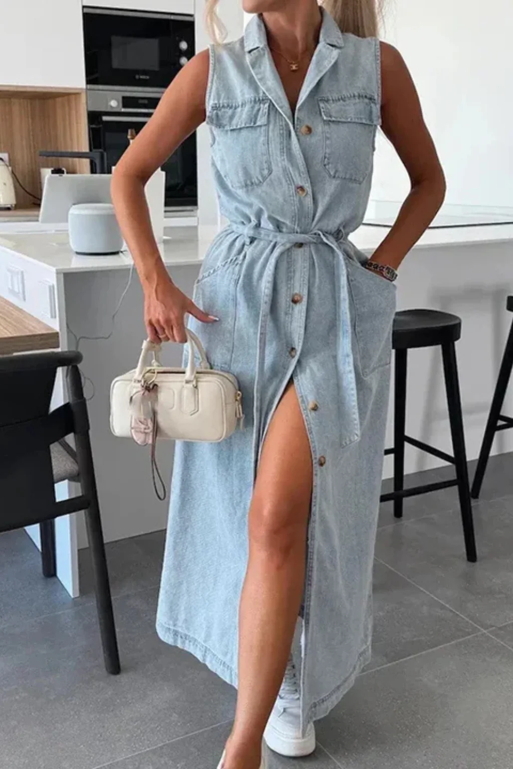 Lottie | Women Sleeveless Belted Button Down Denim Maxi Dress with Split - Image 2
