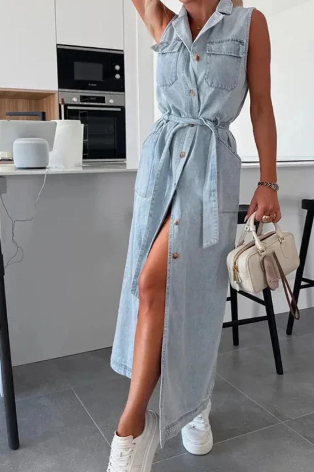 Lottie | Women Sleeveless Belted Button Down Denim Maxi Dress with Split - Image 3