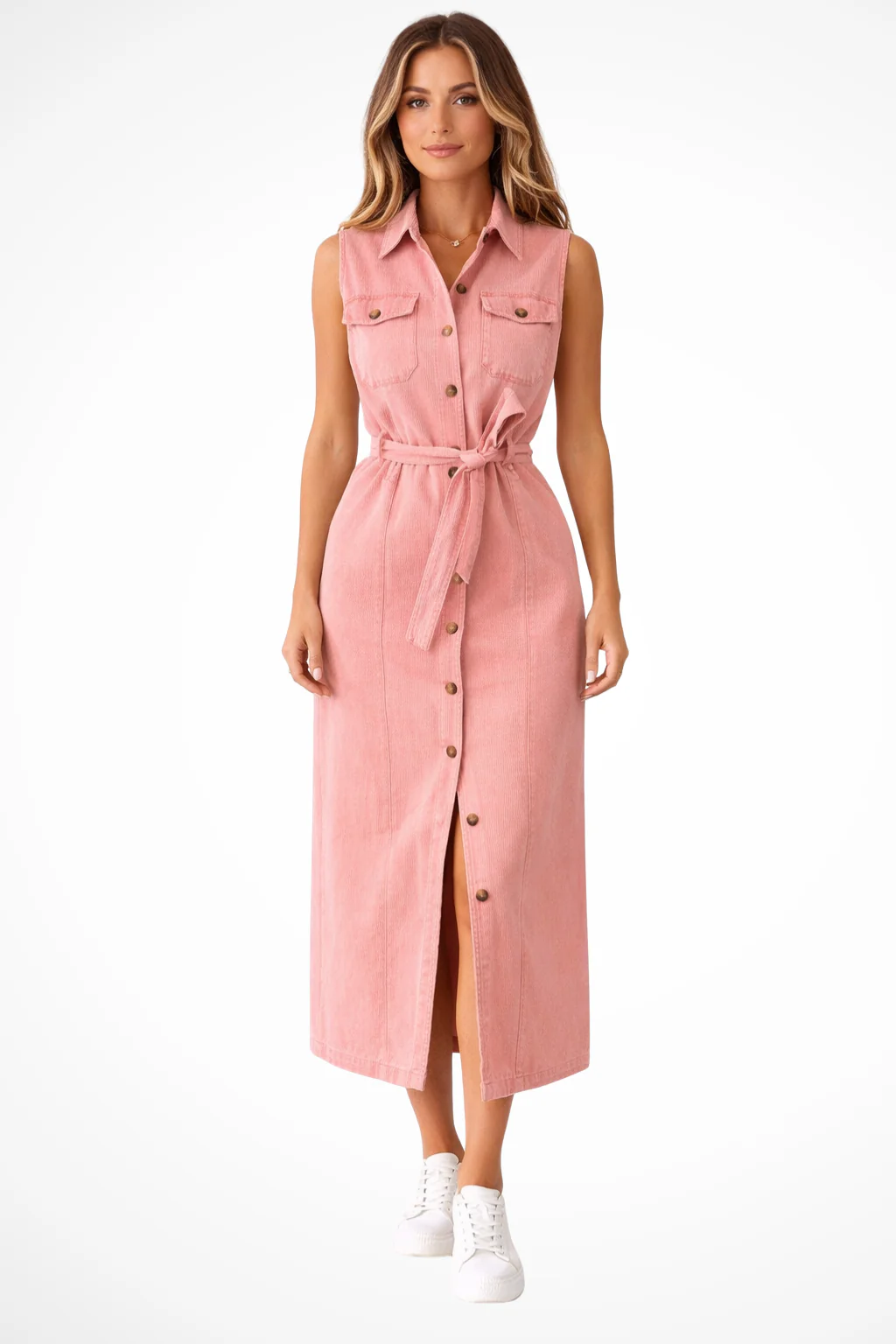 Lottie | Women Sleeveless Belted Button Down Denim Maxi Dress with Split - Image 4