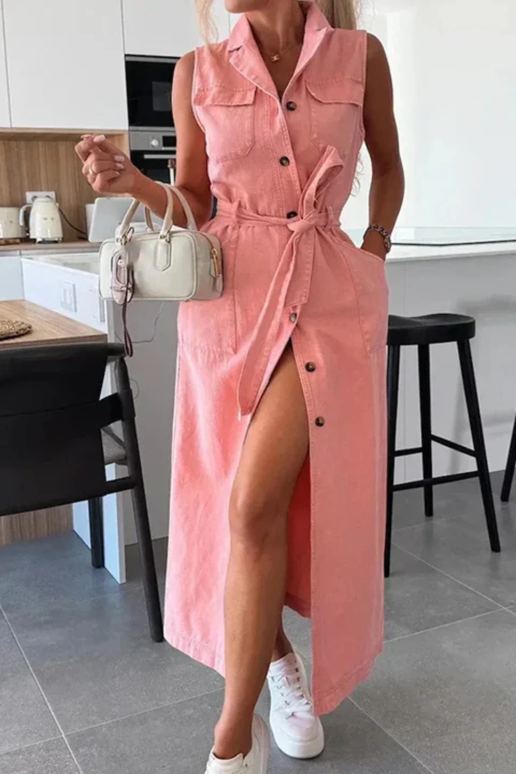 Lottie | Women Sleeveless Belted Button Down Denim Maxi Dress with Split - Image 5