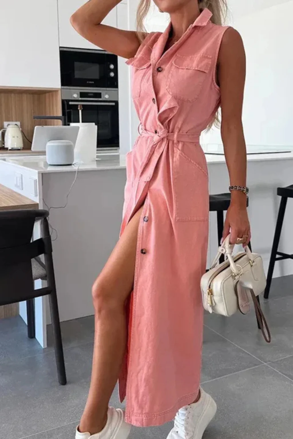 Lottie | Women Sleeveless Belted Button Down Denim Maxi Dress with Split - Image 6