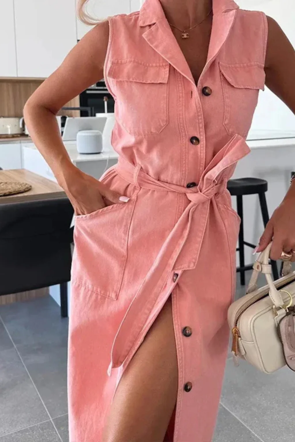 Lottie | Women Sleeveless Belted Button Down Denim Maxi Dress with Split - Image 7