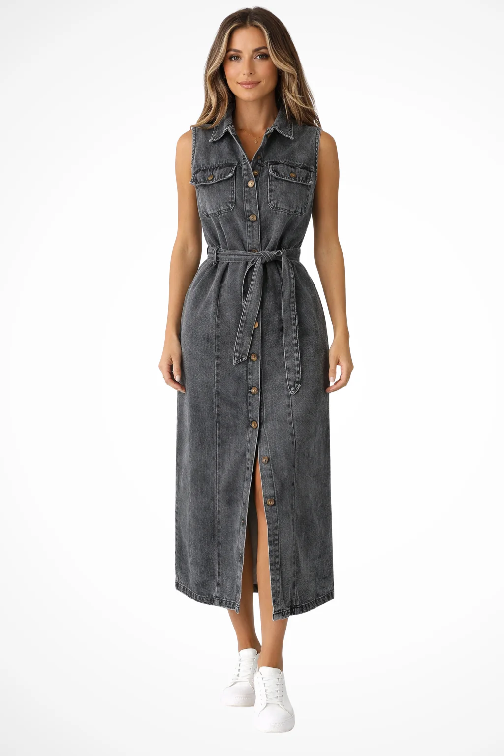 Lottie | Women Sleeveless Belted Button Down Denim Maxi Dress with Split - Image 8