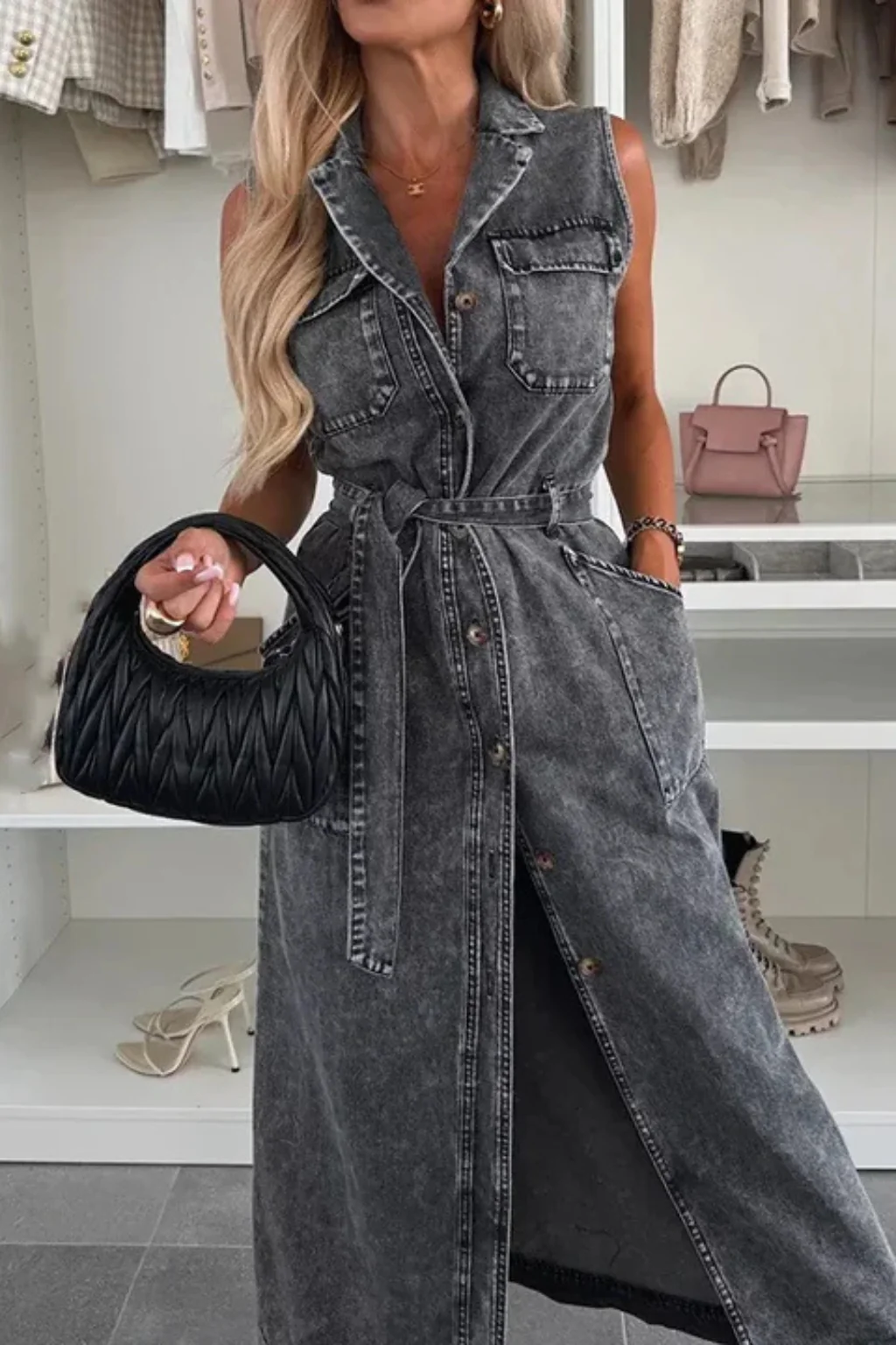 Lottie | Women Sleeveless Belted Button Down Denim Maxi Dress with Split - Image 9