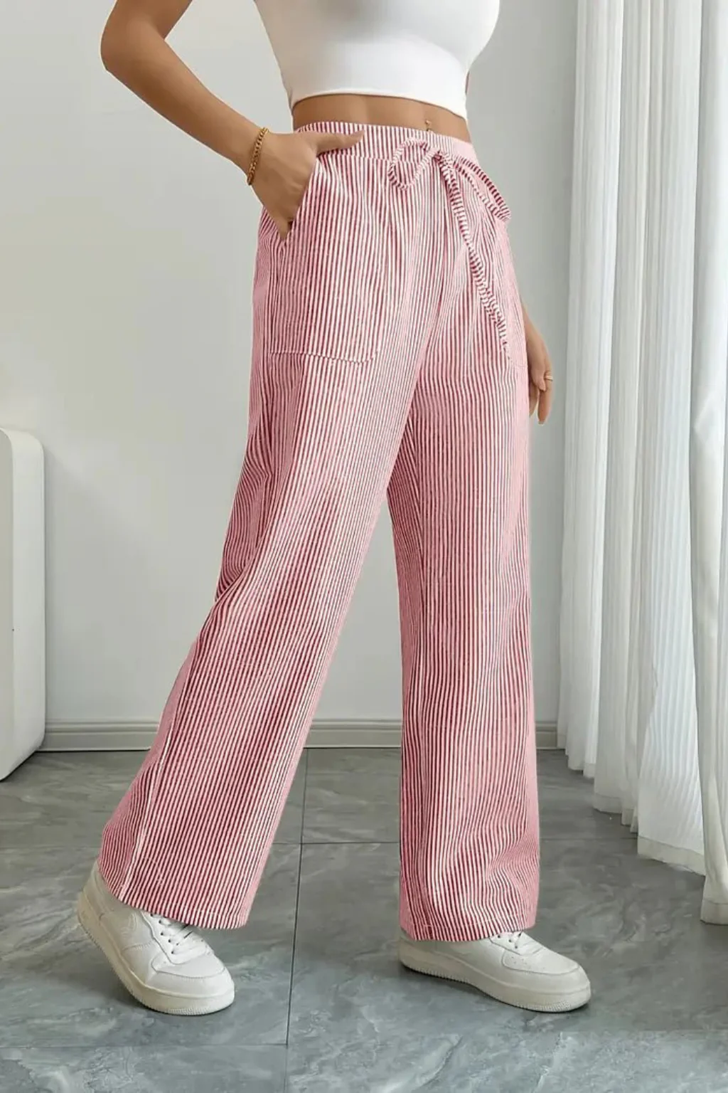Lysandra | Women Striped Wide Leg Trousers with Drawstring Waist - Image 12