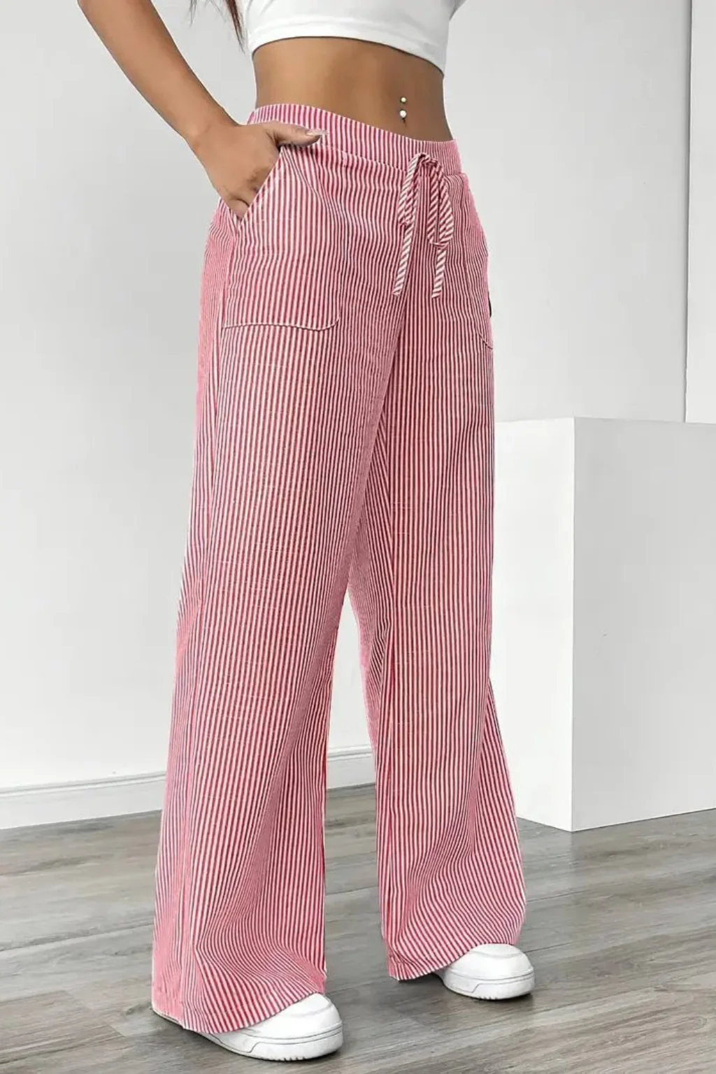 Lysandra | Women Striped Wide Leg Trousers with Drawstring Waist - Image 14