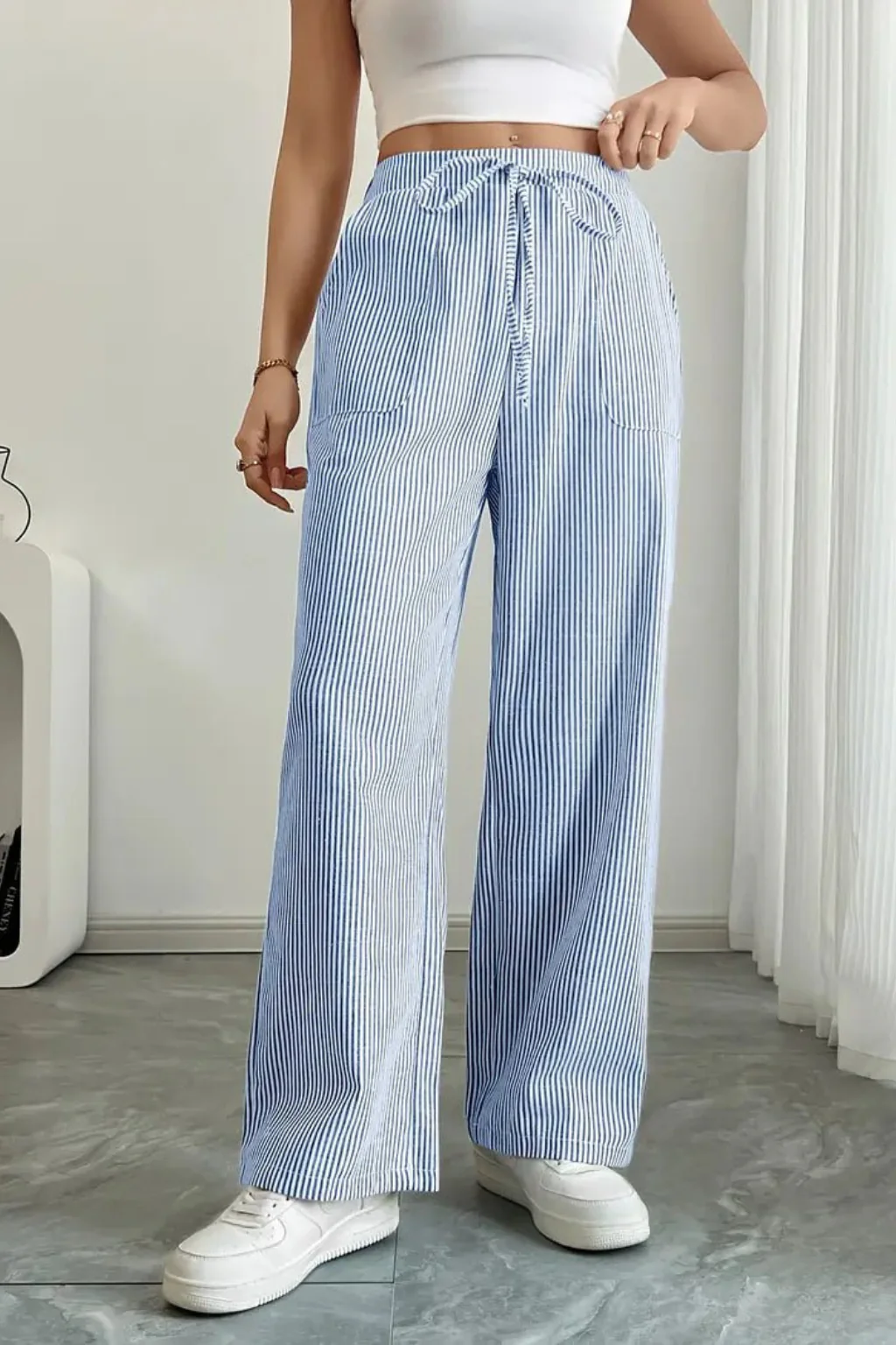 Lysandra | Women Striped Wide Leg Trousers with Drawstring Waist - Image 16