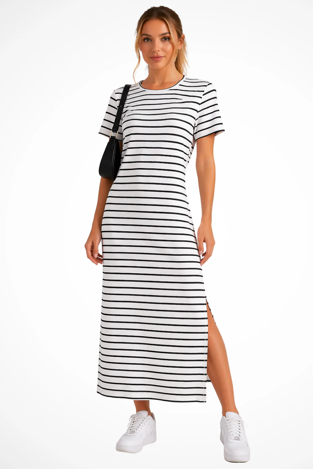 Madeline | Women Striped Short Sleeve Side Split Summer Midi Dress