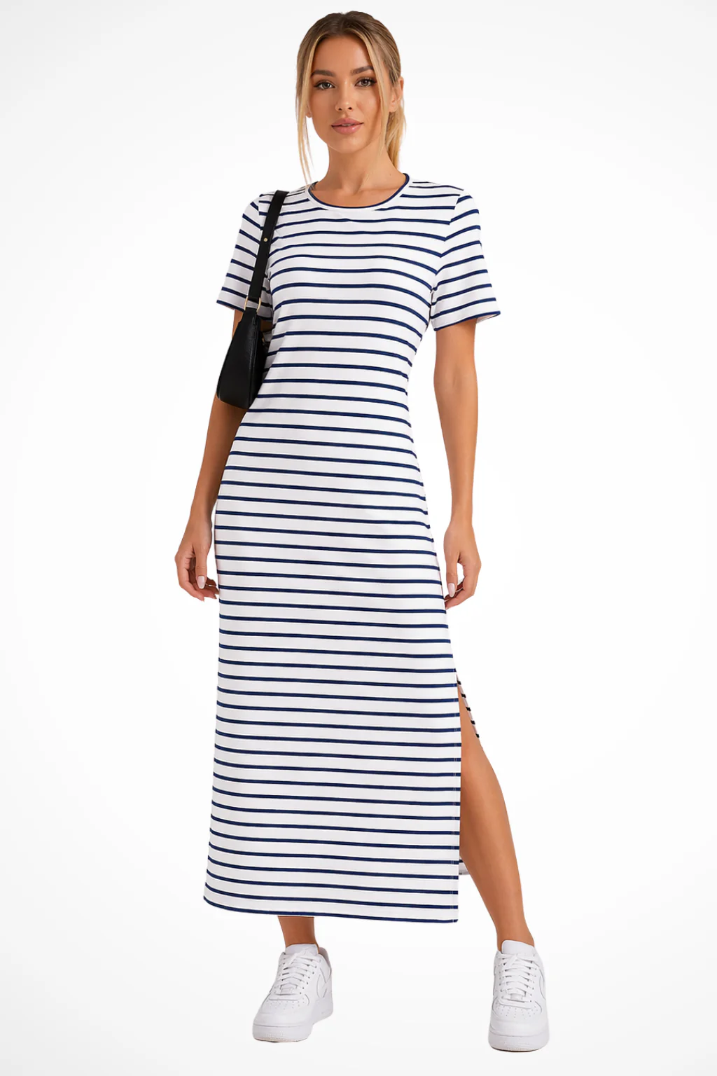 Madeline | Women Striped Short Sleeve Side Split Summer Midi Dress - Image 4
