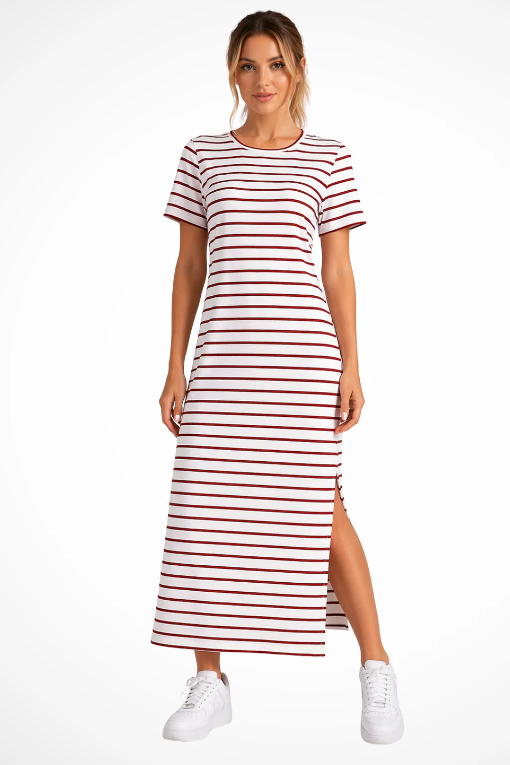 Madeline | Women Striped Short Sleeve Side Split Summer Midi Dress - Image 7