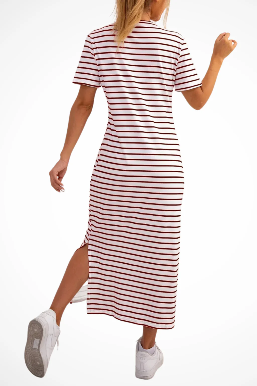 Madeline | Women Striped Short Sleeve Side Split Summer Midi Dress - Image 8