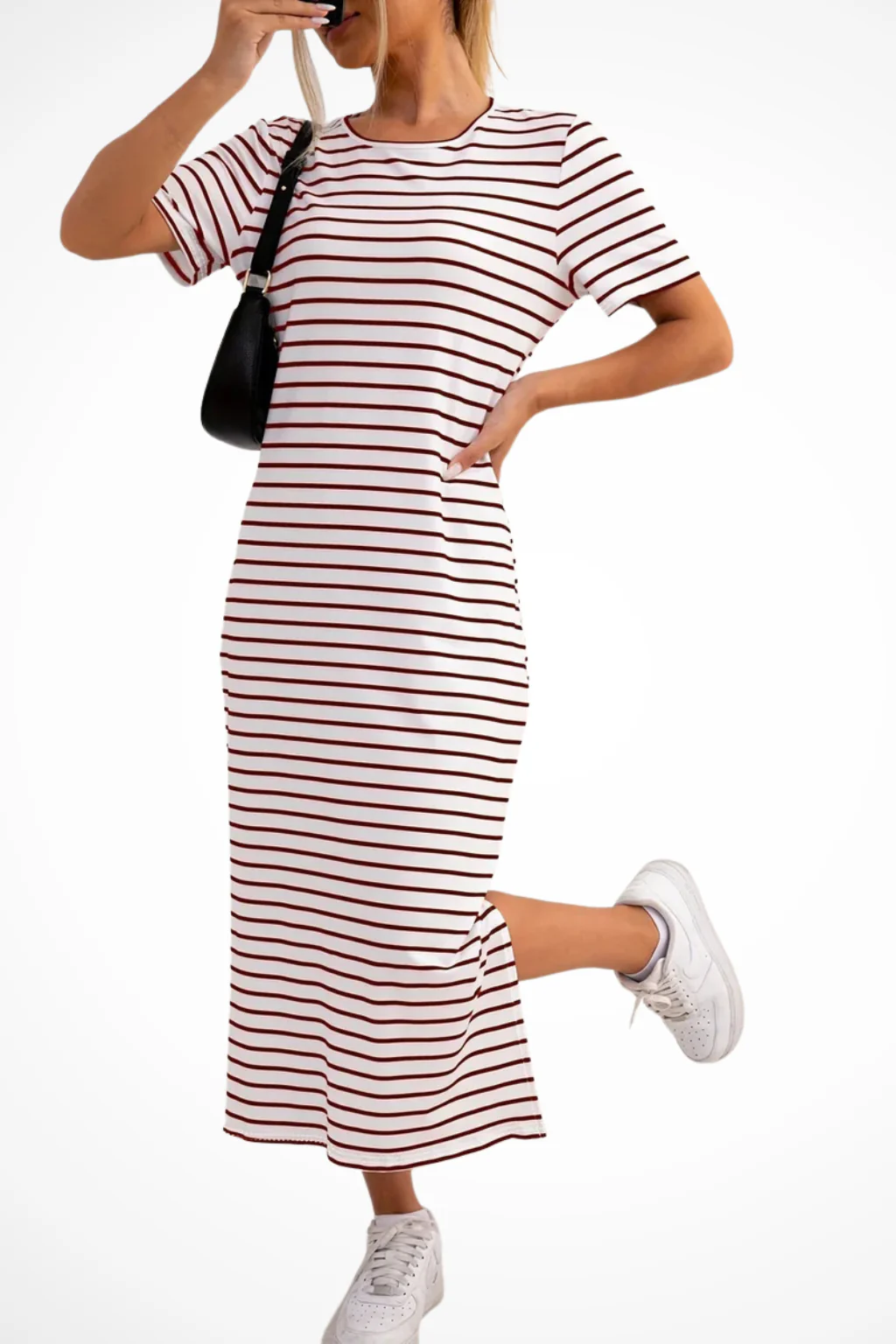 Madeline | Women Striped Short Sleeve Side Split Summer Midi Dress - Image 9