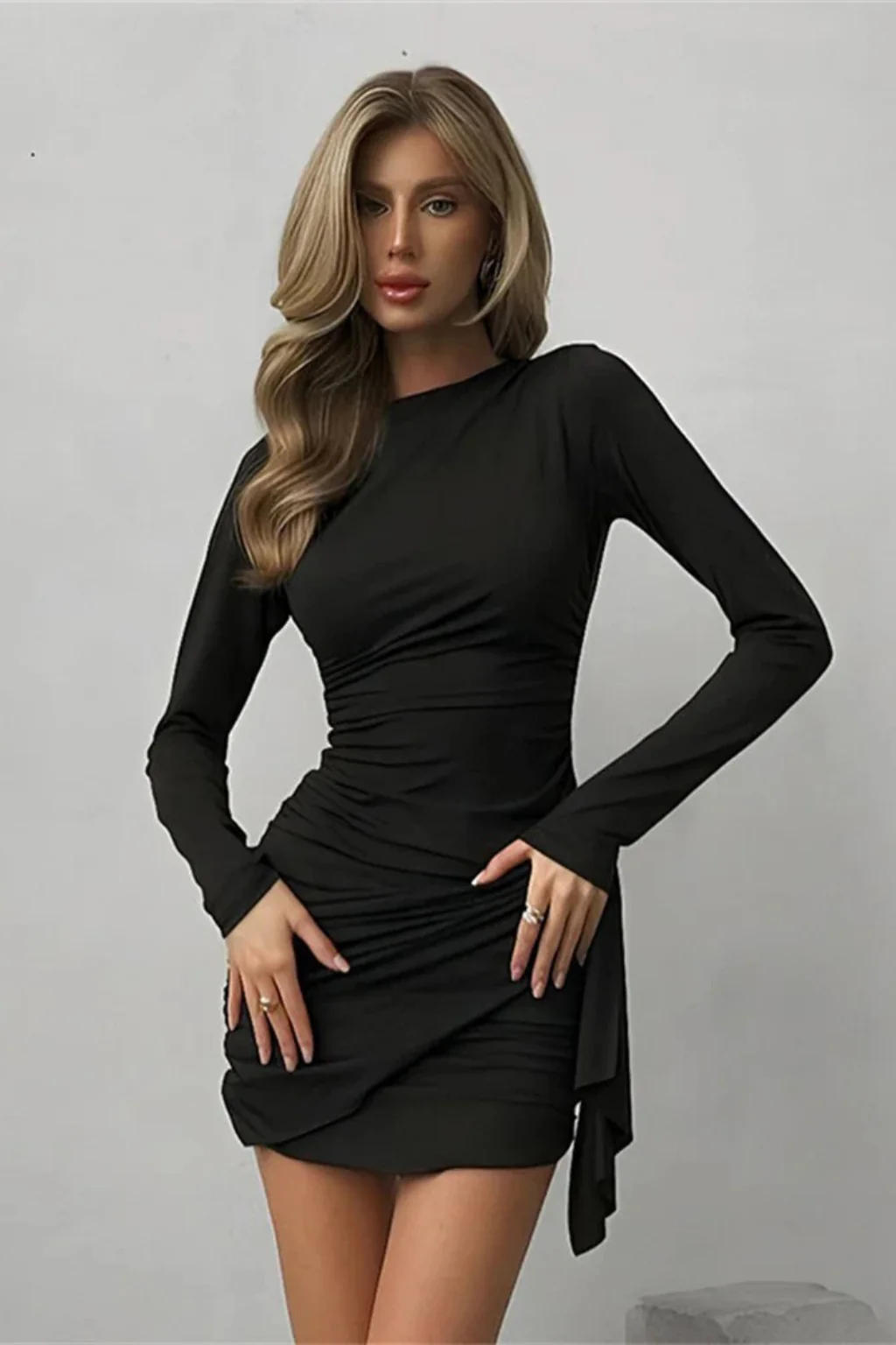 Maisie | Women Long Sleeve Ruched Wrap Summer Wedding Guest Mini Dress - Image 7
