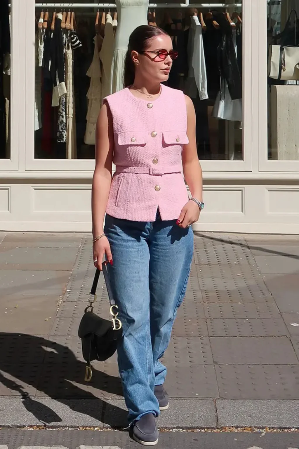 Margaux | Women Sleeveless Gold Button Tweed Belted Waistcoat with Pockets - Image 10