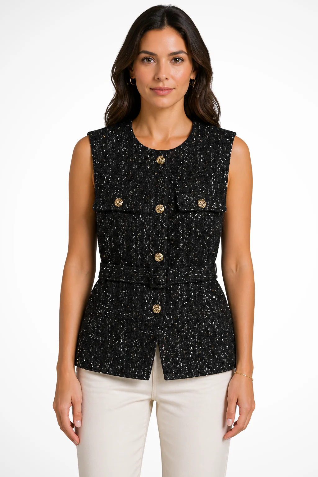 Margaux | Women Sleeveless Gold Button Tweed Belted Waistcoat with Pockets - Image 4