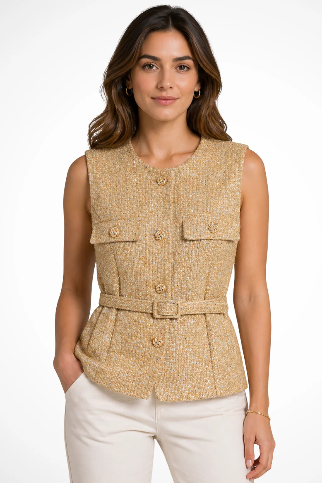 Margaux | Women Sleeveless Gold Button Tweed Belted Waistcoat with Pockets - Image 5