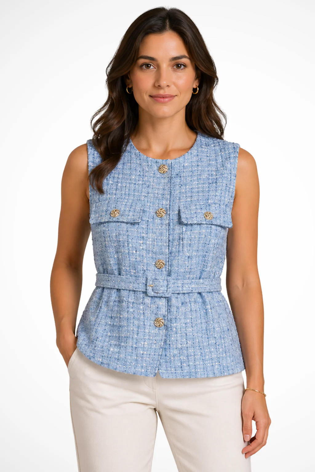 Margaux | Women Sleeveless Gold Button Tweed Belted Waistcoat with Pockets - Image 6