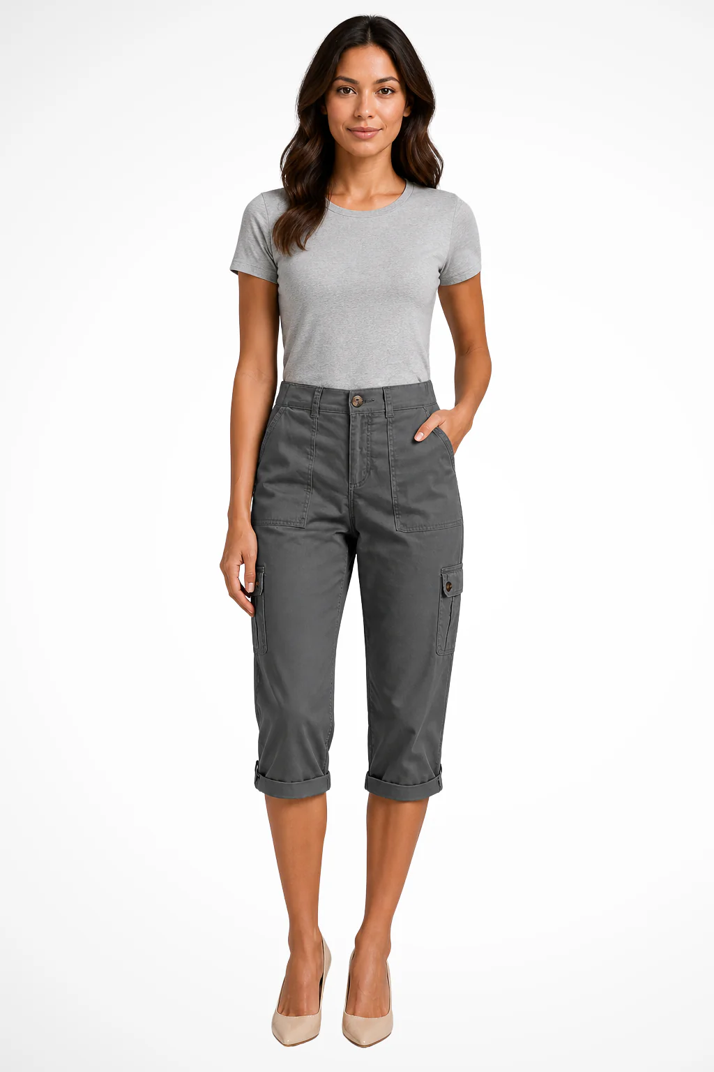 Margot | Women Cargo Cropped Trousers with Roll Up Hem - Image 3