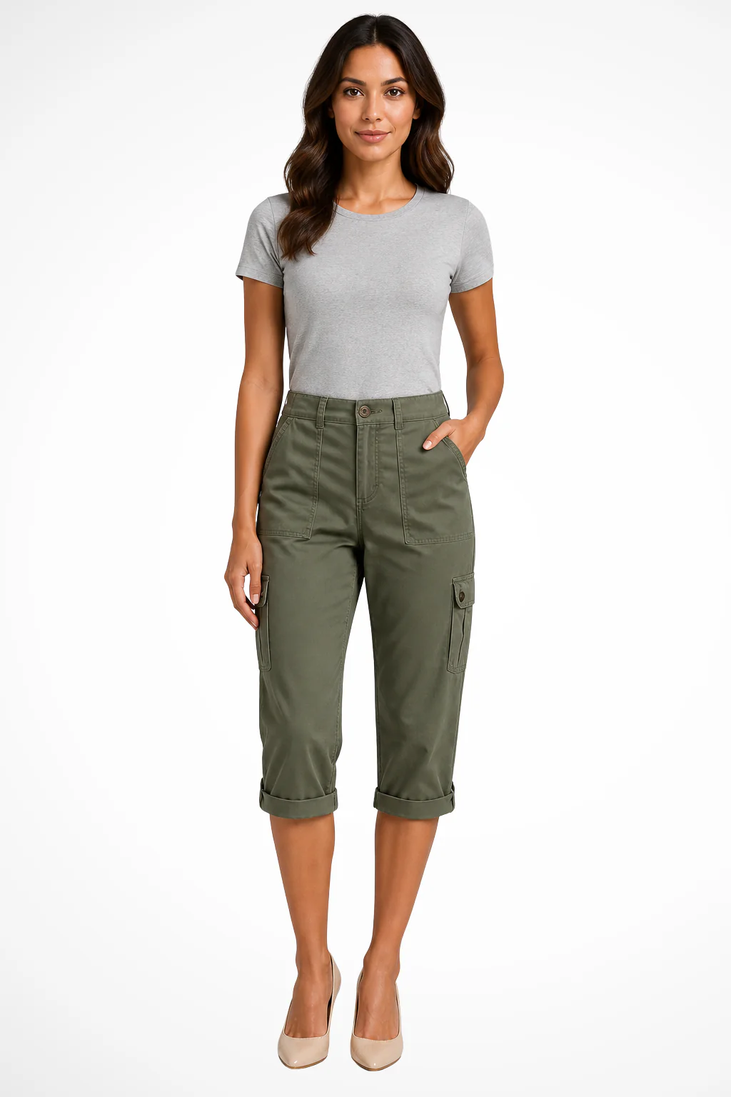 Margot | Women Cargo Cropped Trousers with Roll Up Hem - Image 4