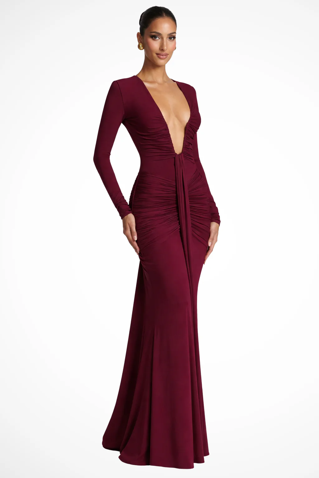 Margot | Women Long Sleeve Deep V Neck Ruched Fitted Maxi Wedding Guest Dress - Image 2