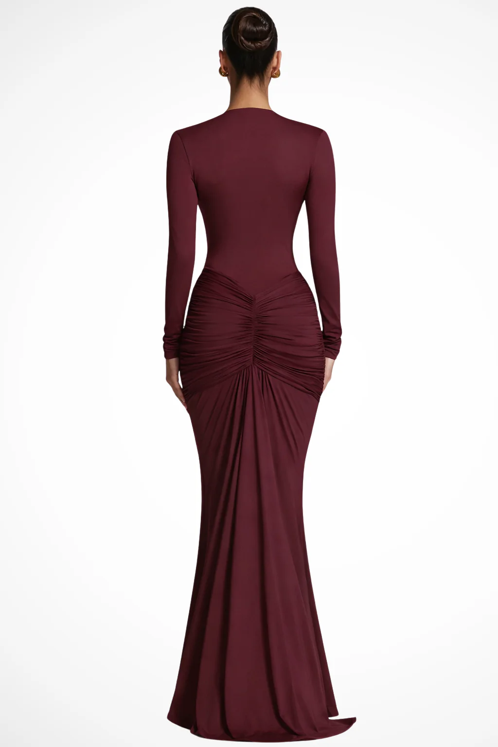 Margot | Women Long Sleeve Deep V Neck Ruched Fitted Maxi Wedding Guest Dress - Image 3