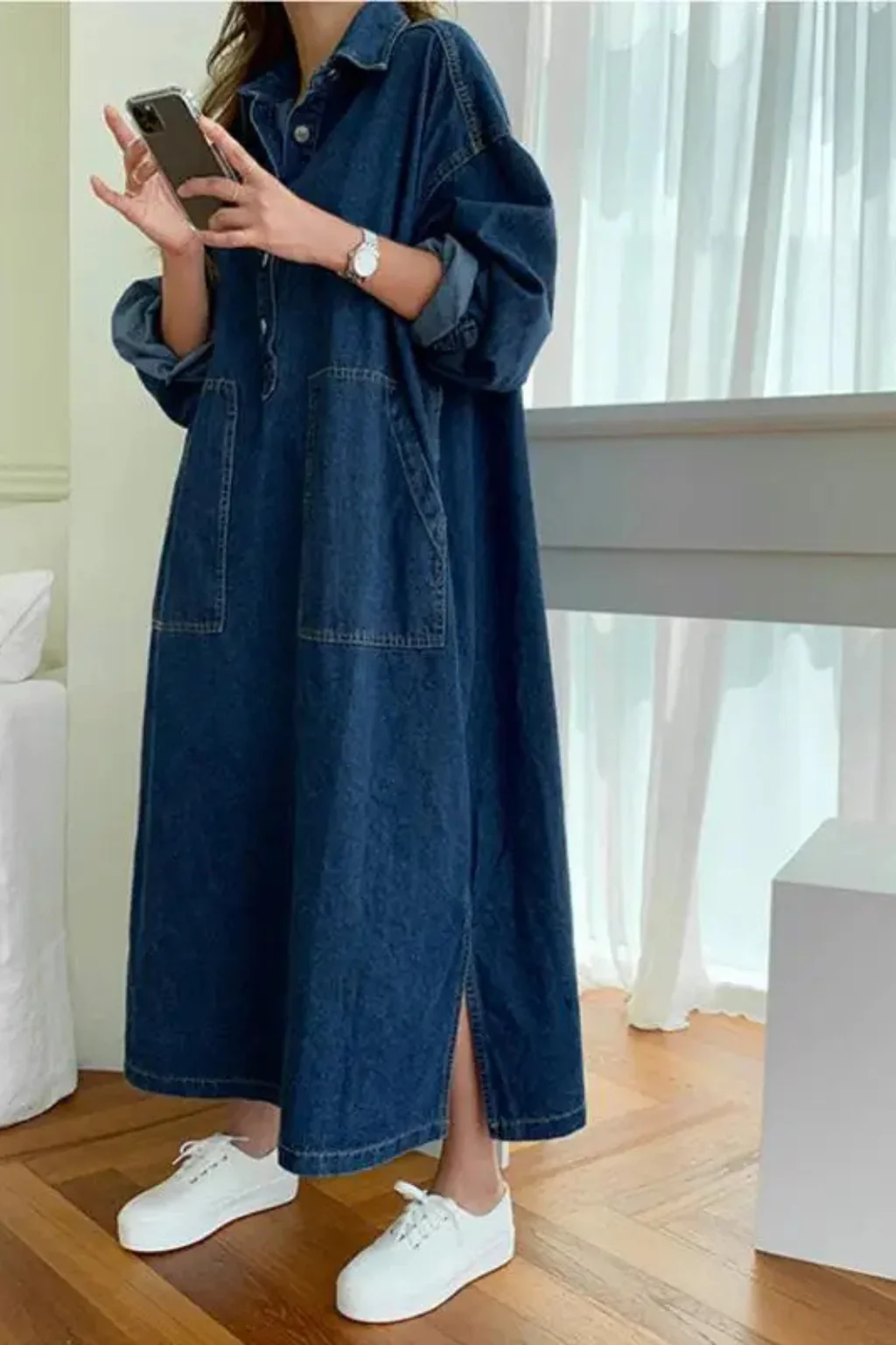Margot | Women Oversized Long Sleeve Collared Denim Maxi Dress with Pockets - Image 2