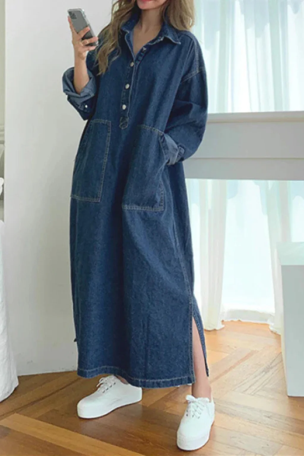 Margot | Women Oversized Long Sleeve Collared Denim Maxi Dress with Pockets - Image 5