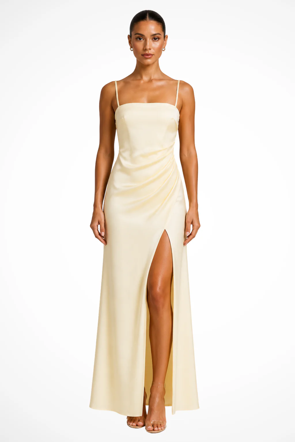 Margot | Women Square Neck Side Slit Wedding Guest Satin Midi Dress