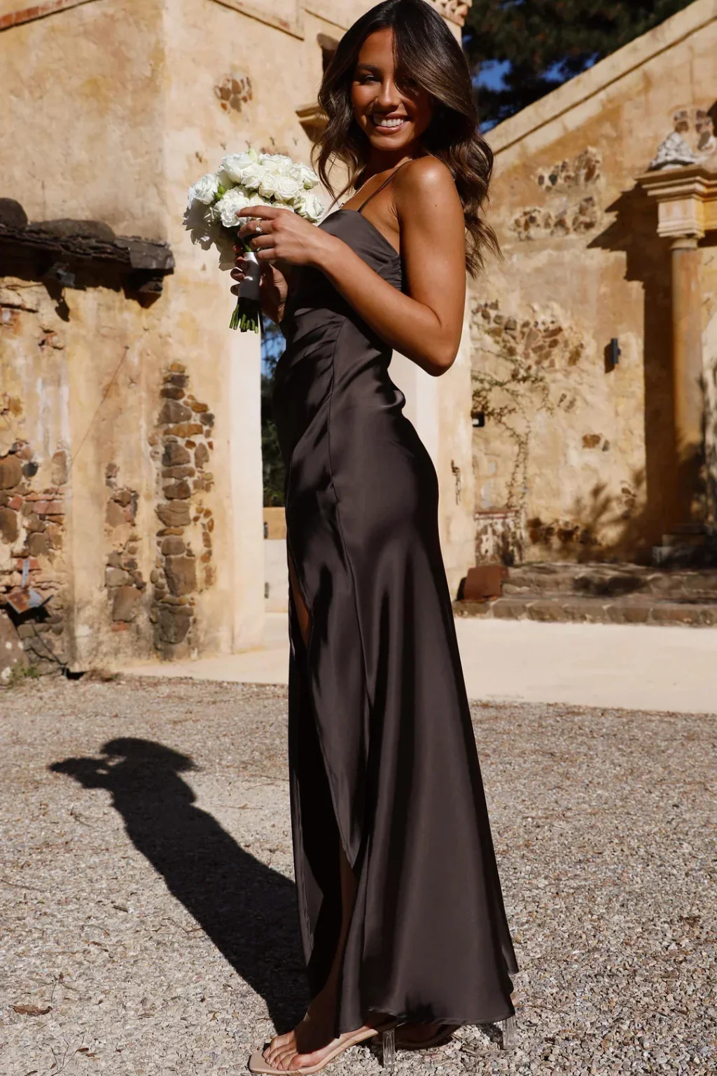 Margot | Women Square Neck Side Slit Wedding Guest Satin Midi Dress - Image 6
