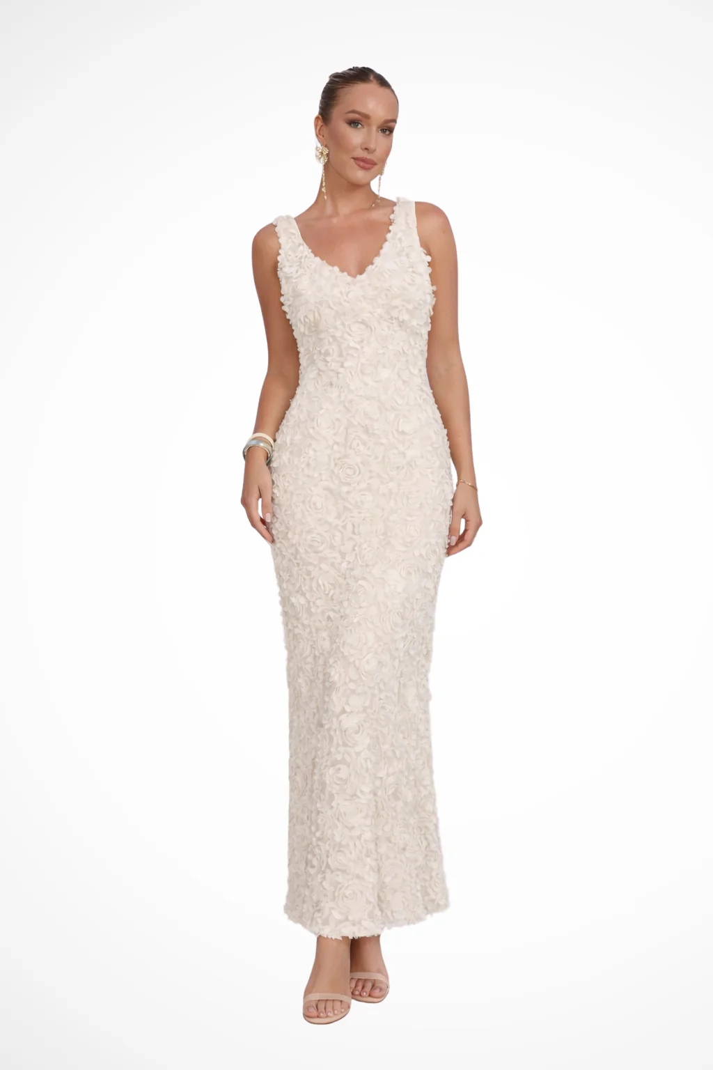 Mariah | Women V Neck Sleeveless 3D Floral Textured Fitted Wedding Guest Dress - Image 3