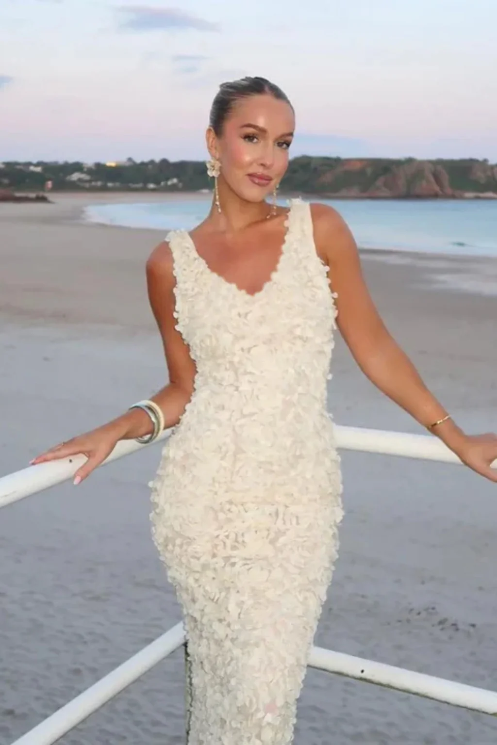 Mariah | Women V Neck Sleeveless 3D Floral Textured Fitted Wedding Guest Dress - Image 5