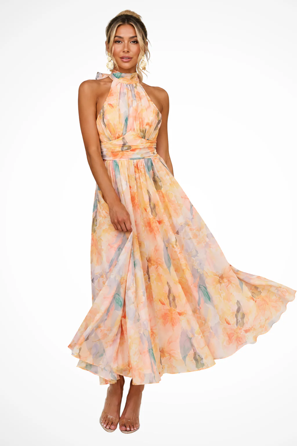 Marigold | Women Halter Neck Floral Print Wedding Guest Chiffon Maxi Dress - Image 2