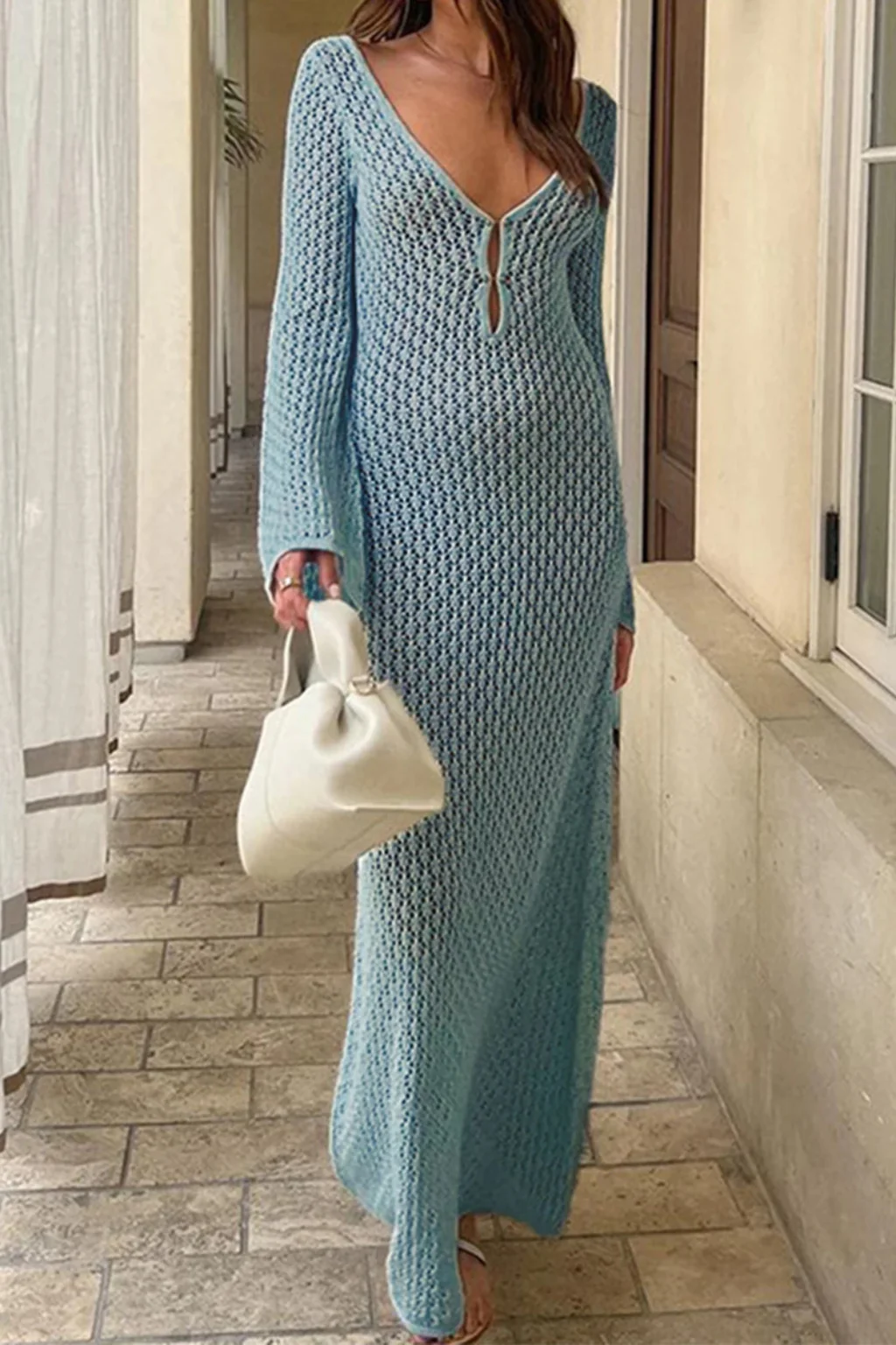 Maris | Women Deep V Neck Long Sleeve Hollow Out Knit Backless Beach Maxi Dress - Image 2