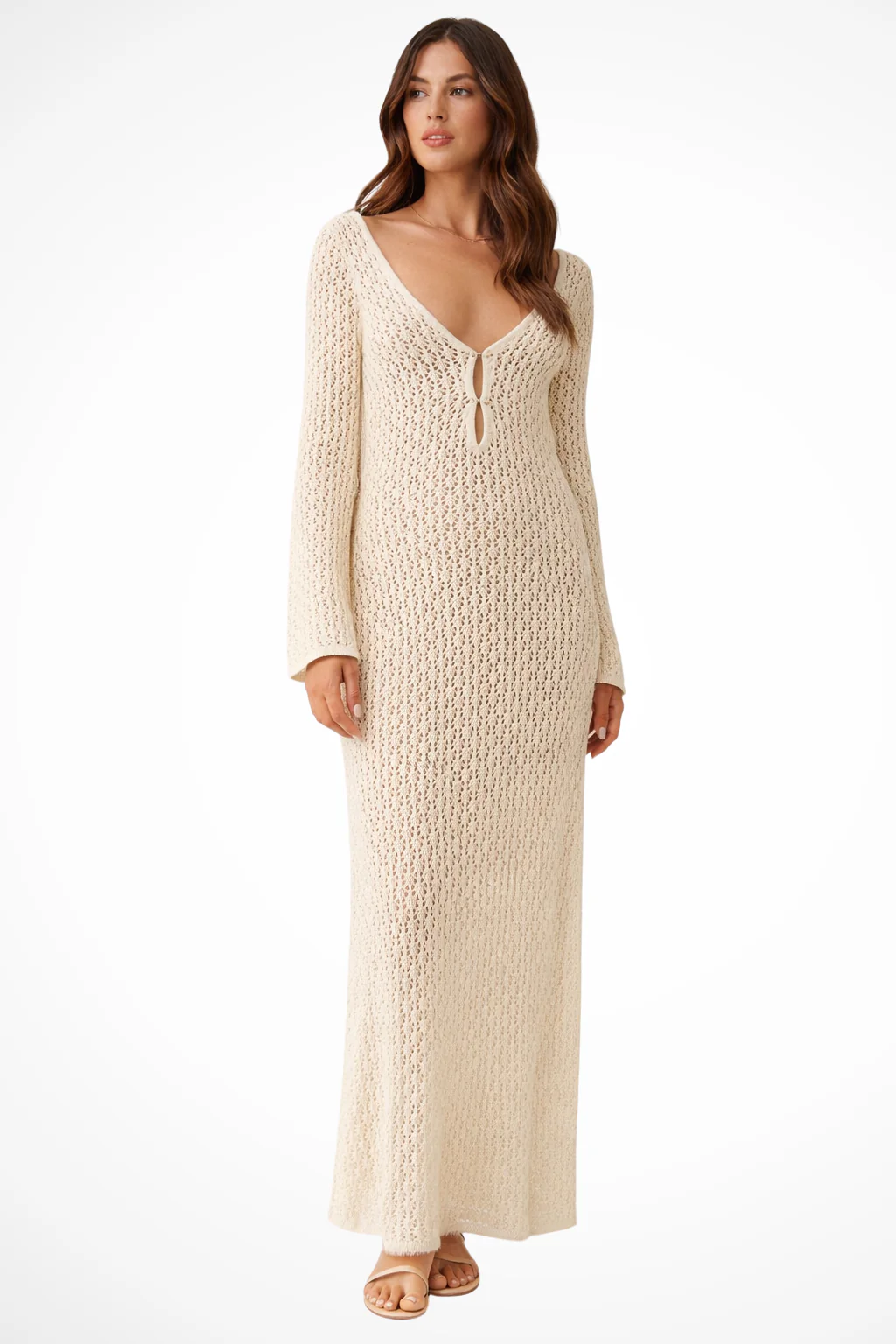 Maris | Women Deep V Neck Long Sleeve Hollow Out Knit Backless Beach Maxi Dress - Image 4