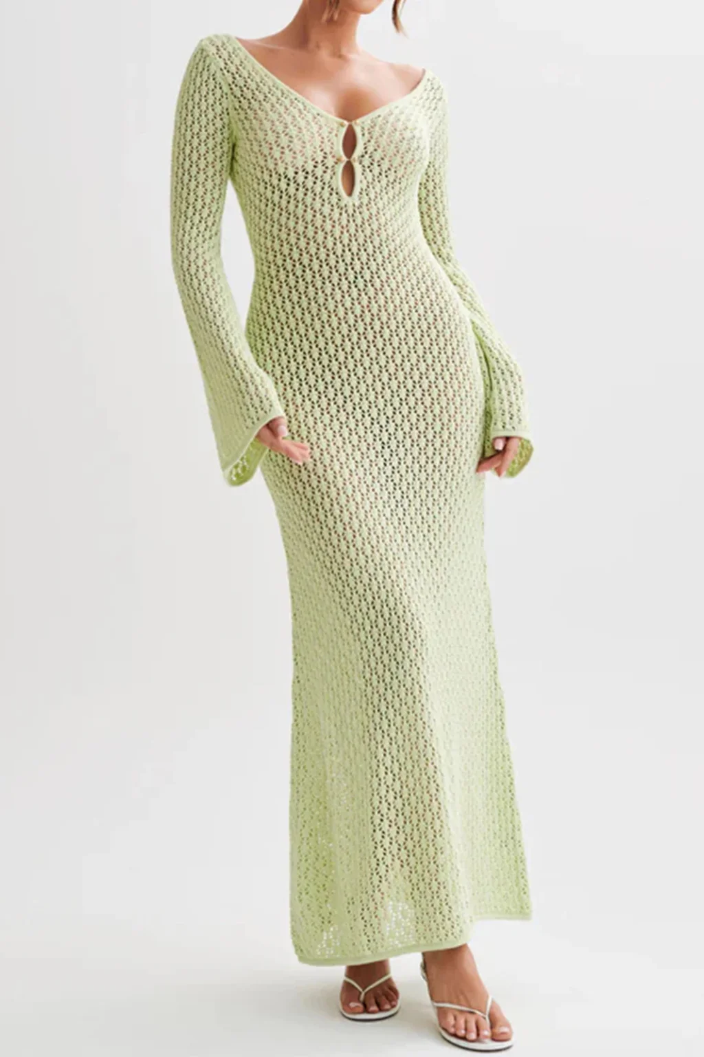 Maris | Women Deep V Neck Long Sleeve Hollow Out Knit Backless Beach Maxi Dress - Image 6