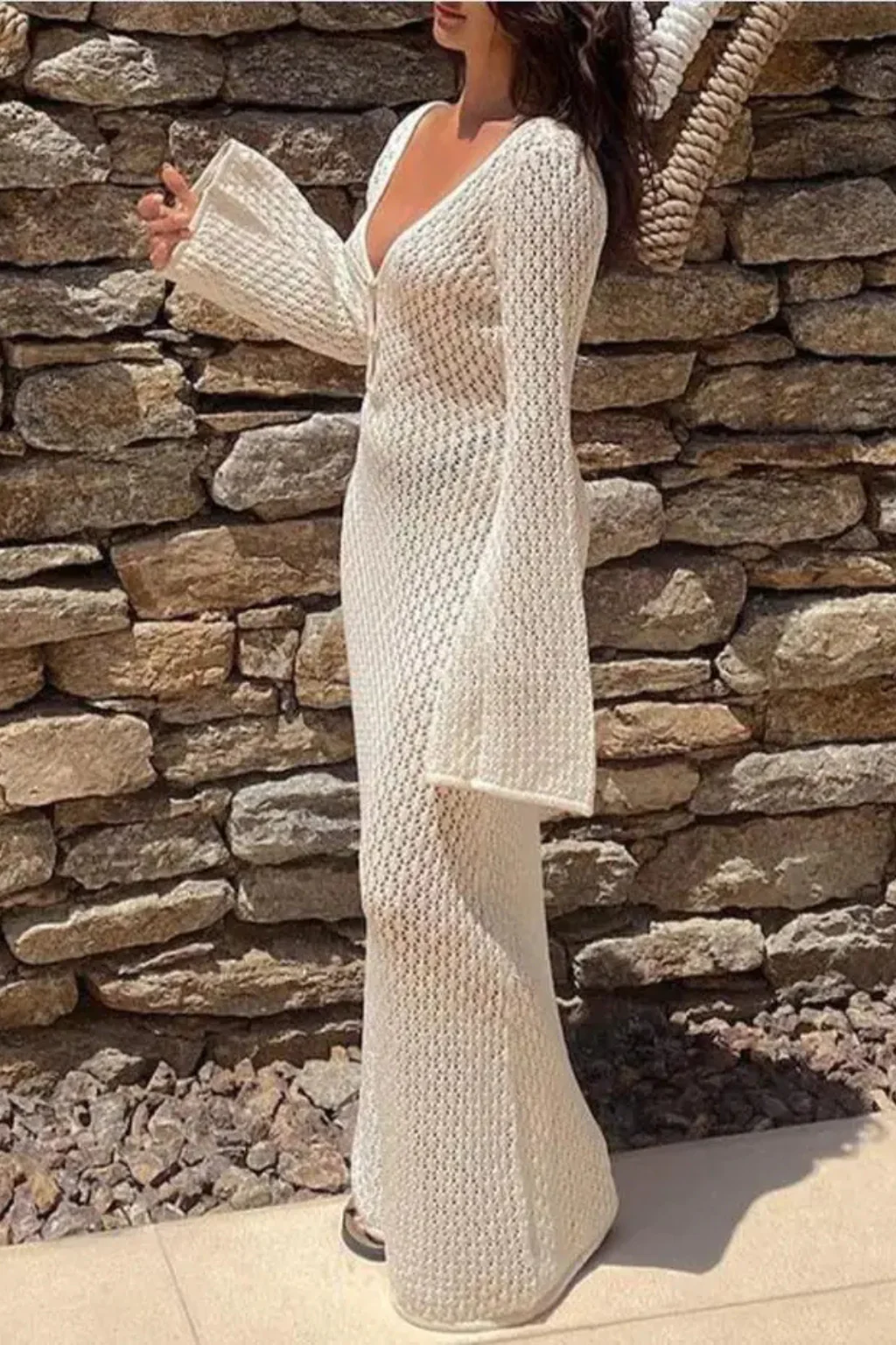Maris | Women Deep V Neck Long Sleeve Hollow Out Knit Backless Beach Maxi Dress - Image 7