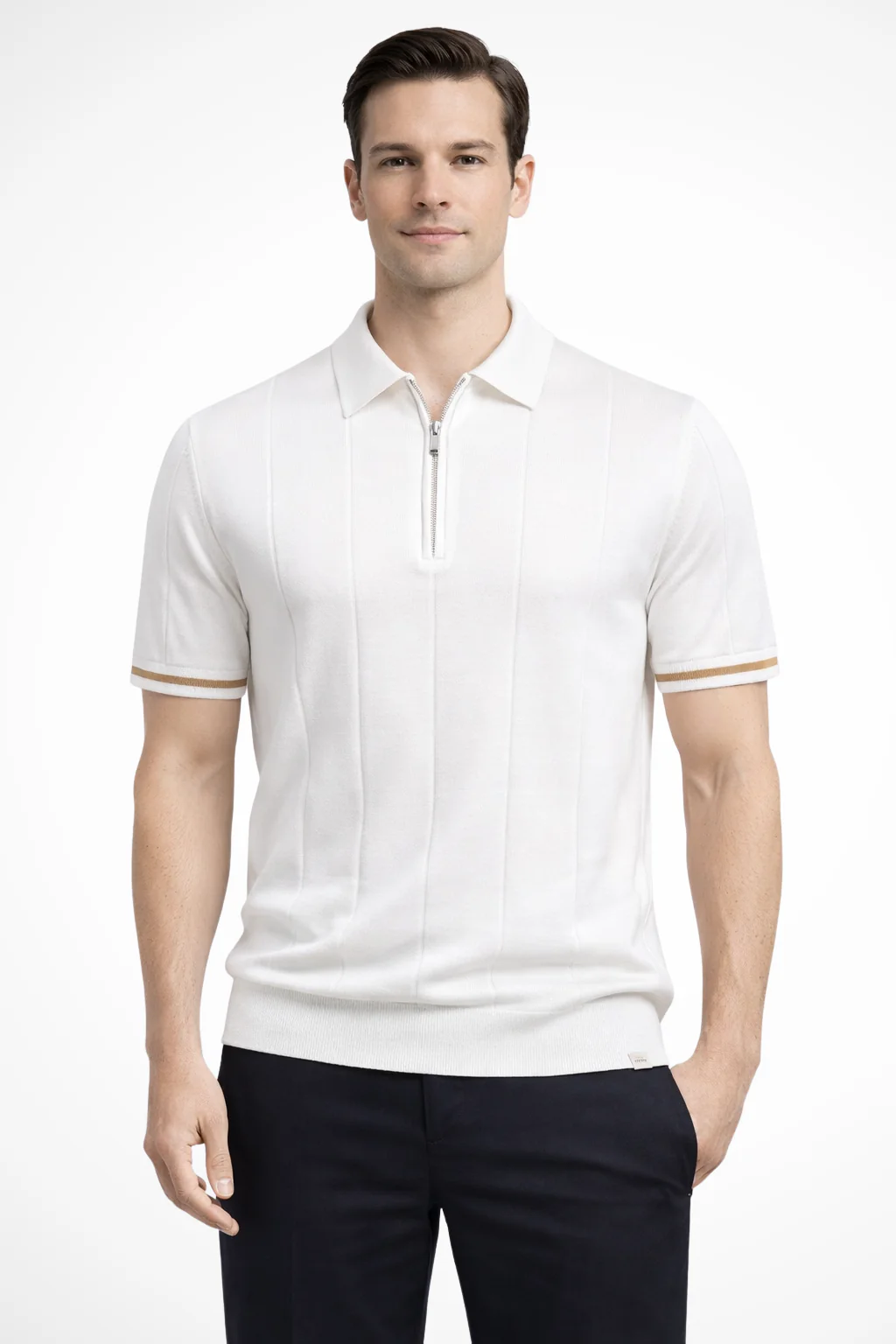 Michael | Men Ribbed Knit Quarter Zip Short Sleeve Muscle Fit Polo Shirt - Image 6