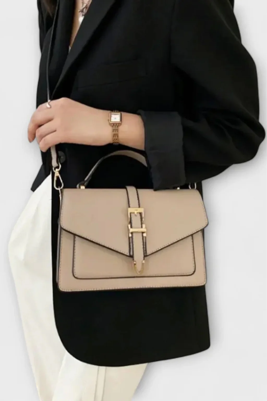 Milo | Women Structured Flap Gold Buckle Detail Crossbody Bag - Image 3